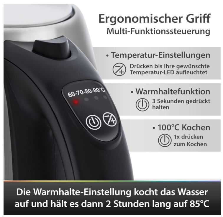 Czajnik elektryczny 1.7l regulacja temperatury 2200W, podświetlenie
