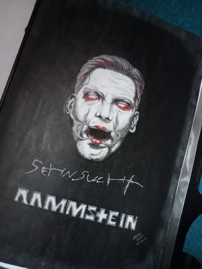 Desenho A3 Rammstein feito a grafite e aguarela