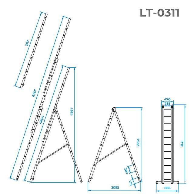 Драбина з алюмінію 3-х секційна.  3*11 сход 7,3м 
INTERTOOL LT-0311