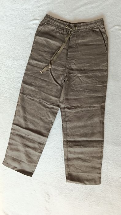 Nowe lniane Mango XS S khaki oliwkowe len lato długie szerokie wide 34