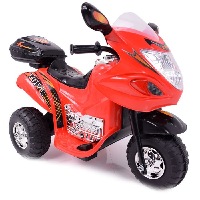 MOTOREK ŚCIGACZ na akumulator, 3 koła, DŹWIĘKI, kuferek, 2 biegi