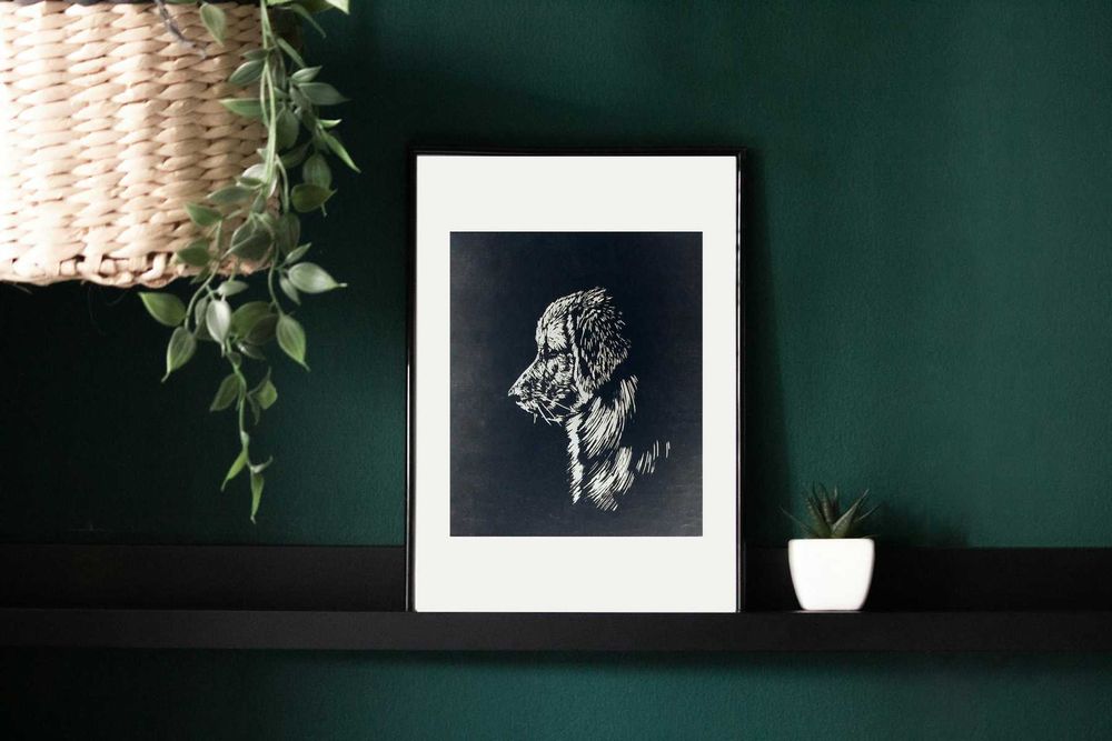 Linoryt, ilustracja, grafika, obrazek - Golden Rretriever, pies