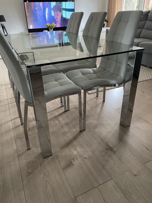 Stół szklany 180x90cm ze srebrnymi nogami z 6 krzesłami