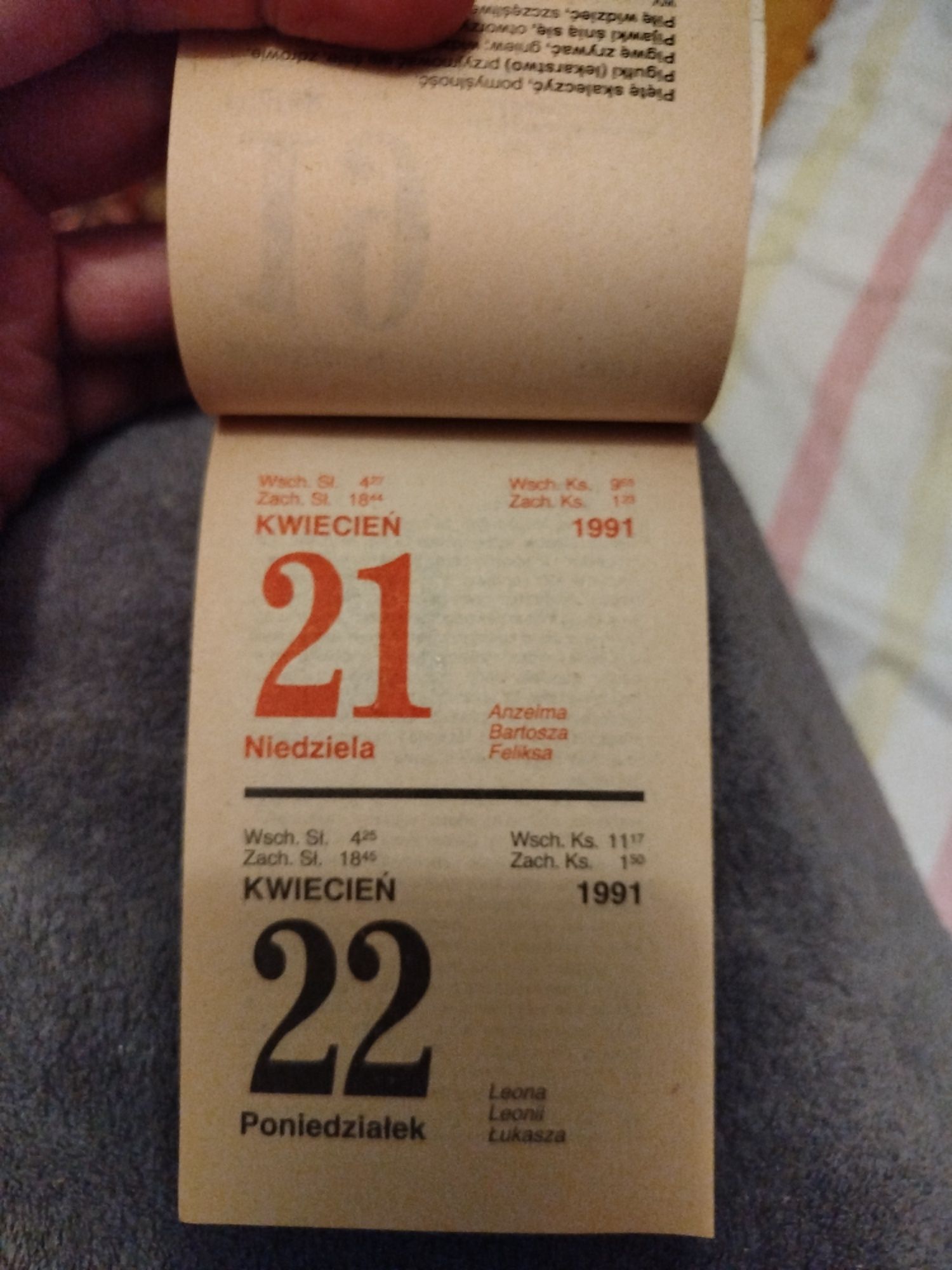 Kartka z kalendarza 1985, 1986, 1987, 1991, 2002 i 2007
