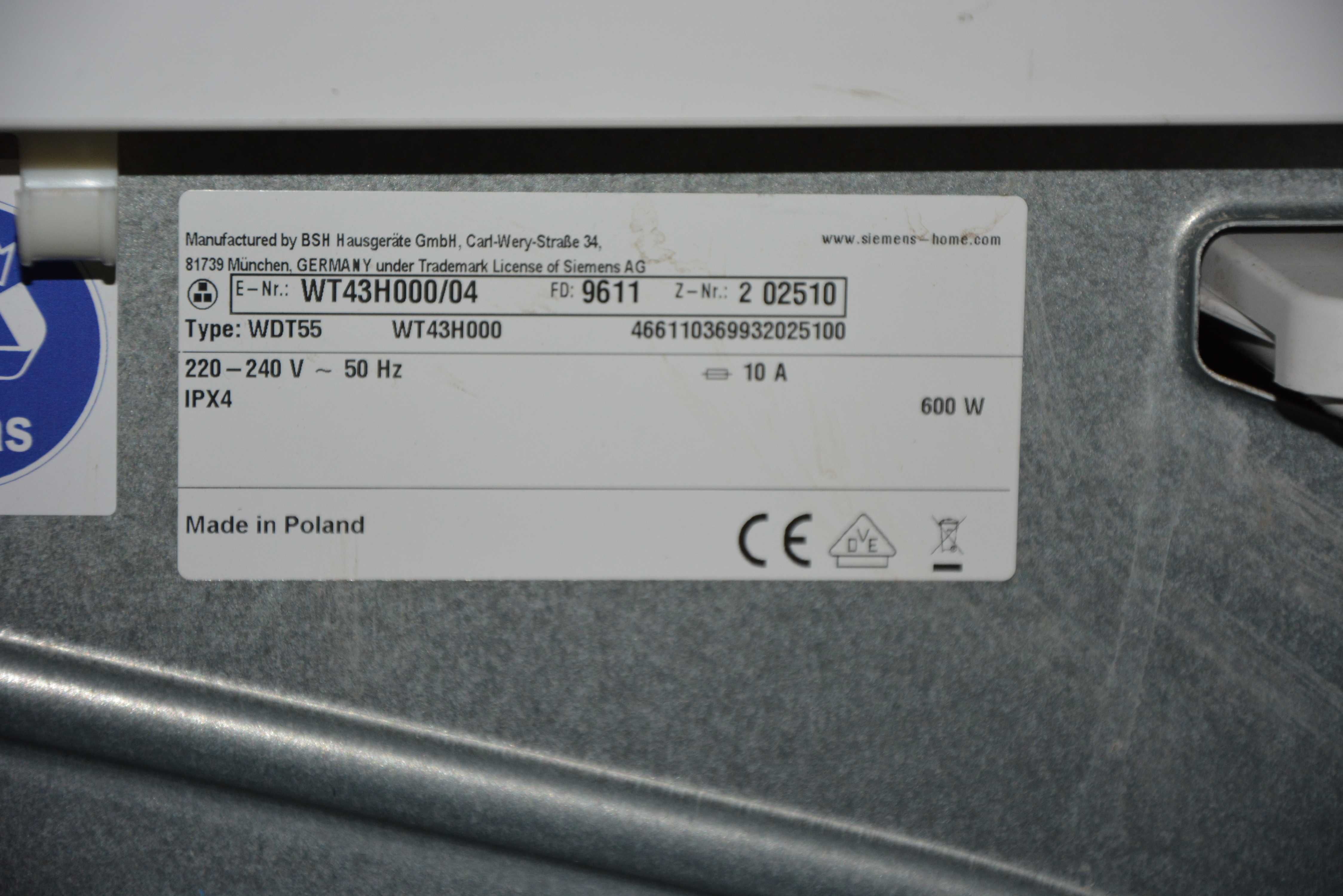 Suszarka SIEMENS iQ300 iSensoric 8kg/600W (pompa ciepła)