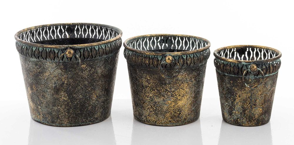 Złote Metalowe Postarzane Dekoracyjne Osłonki Doniczki Retro 142396