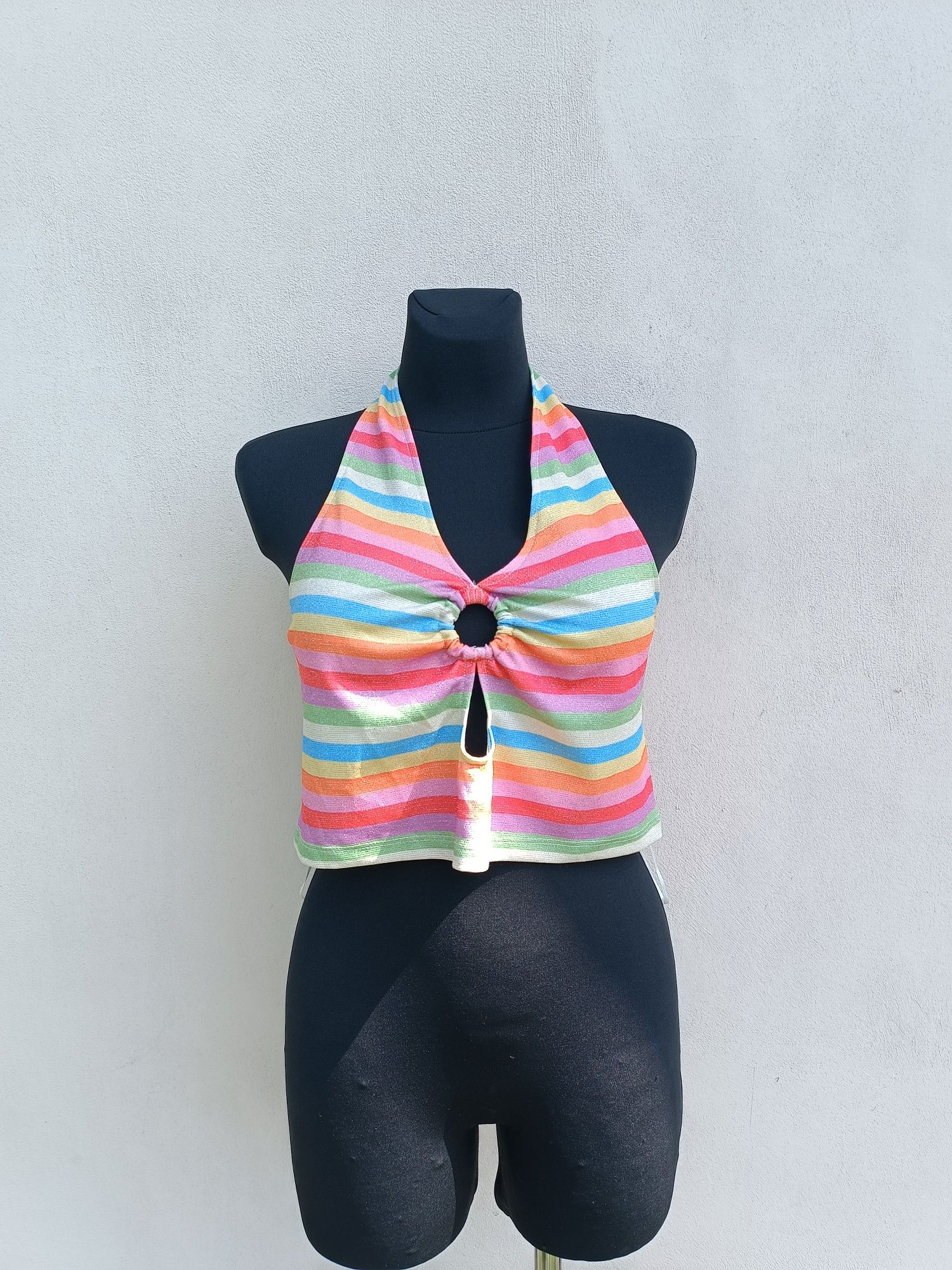 Crop top na szyję kolorowe paski festiwal Primark 42 44