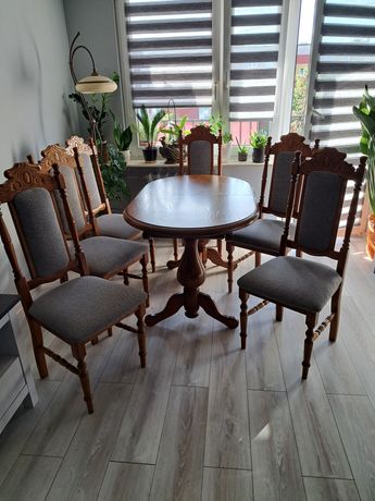 Stół dębowy z 6 krzesłami stan BDB