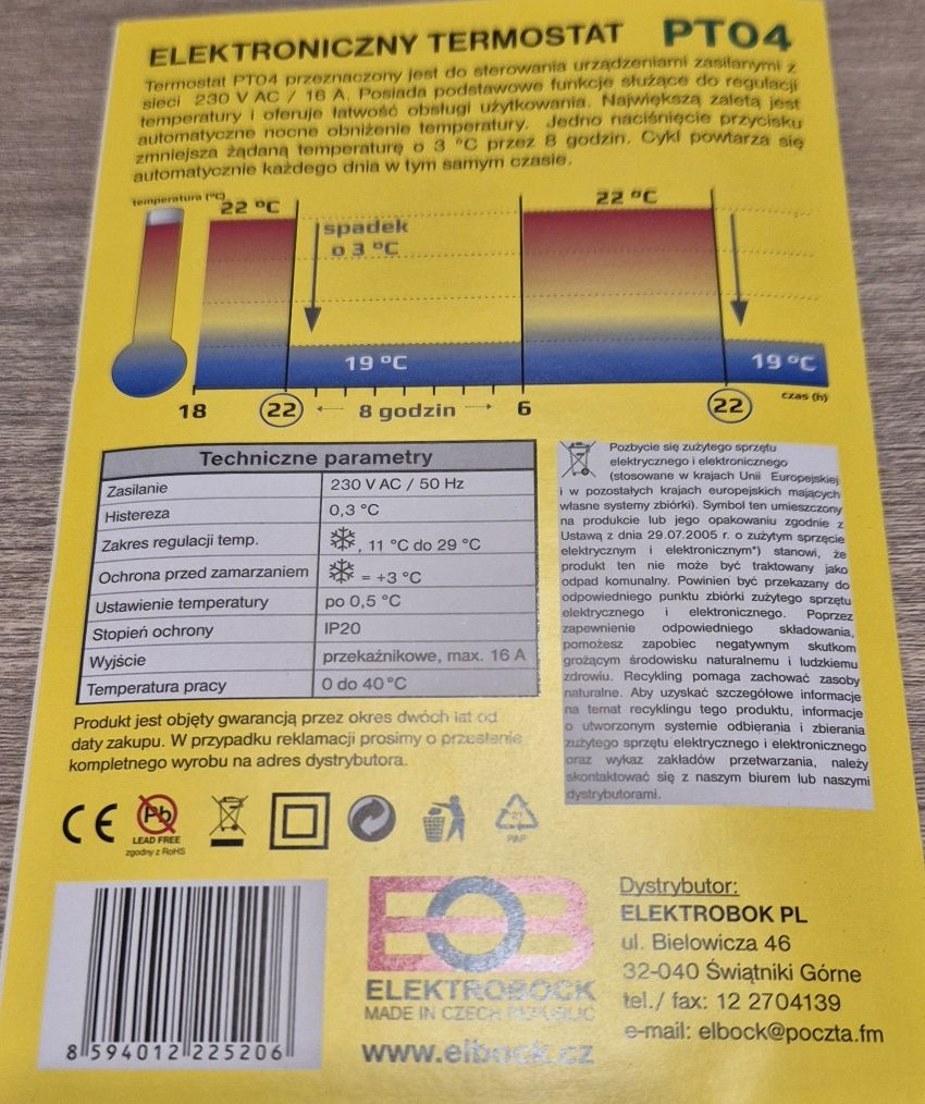 Termostat do ogrzewania elektrobook pt04