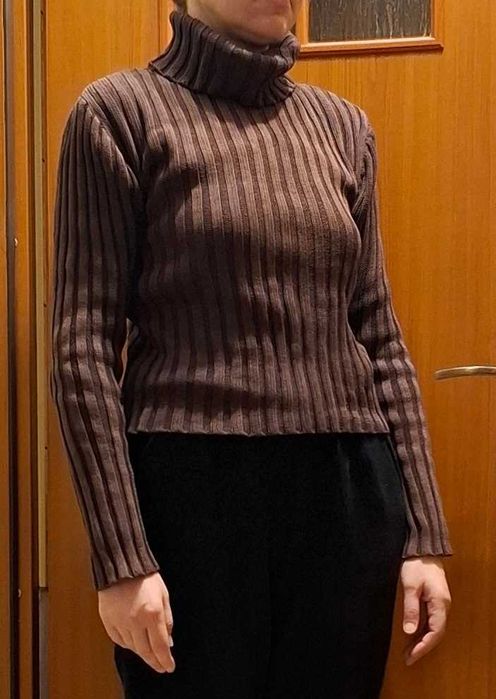 Sweter-golf ciemno-brązowy, bawełna, wiązany splot