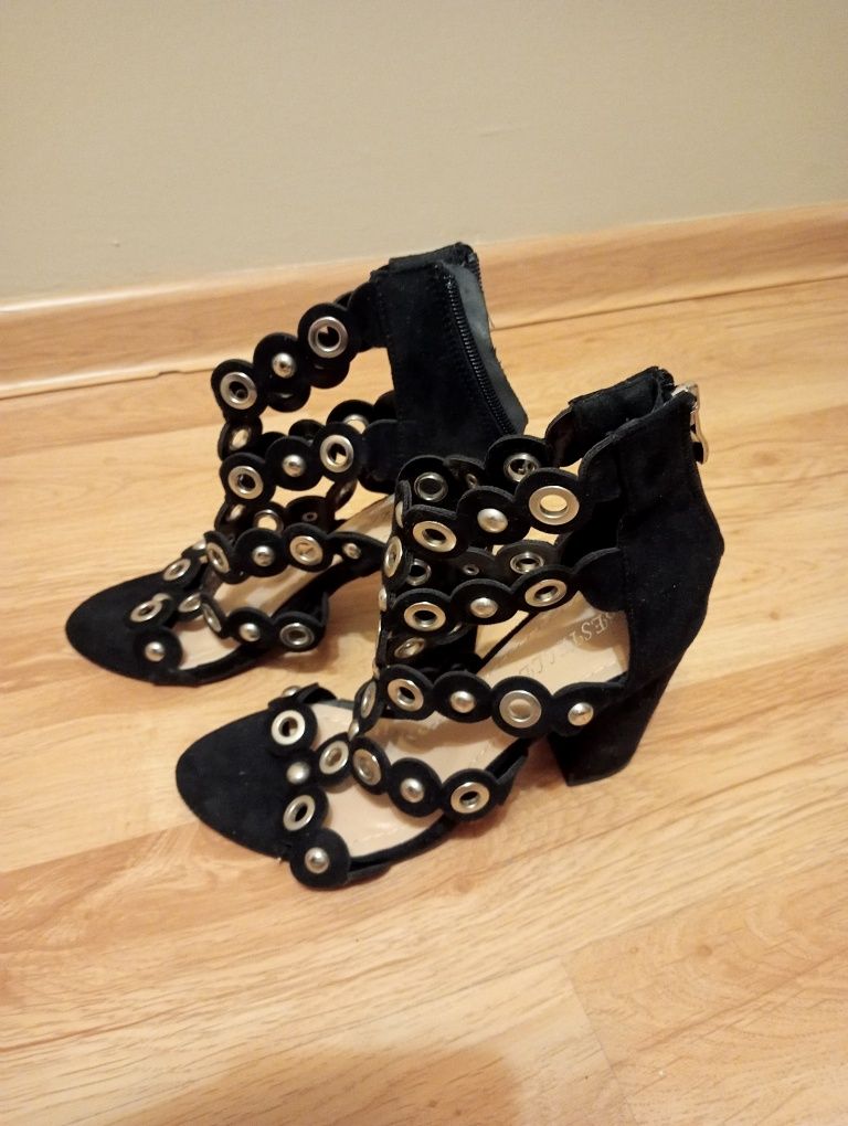 Sandały na obcasie, buty na słupku, czarne, srebrne, Bestelle, r. 36