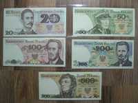 Zestaw 5 sztuk oryginalnych banknotów PRL 20,50,100,200,500, złotych
