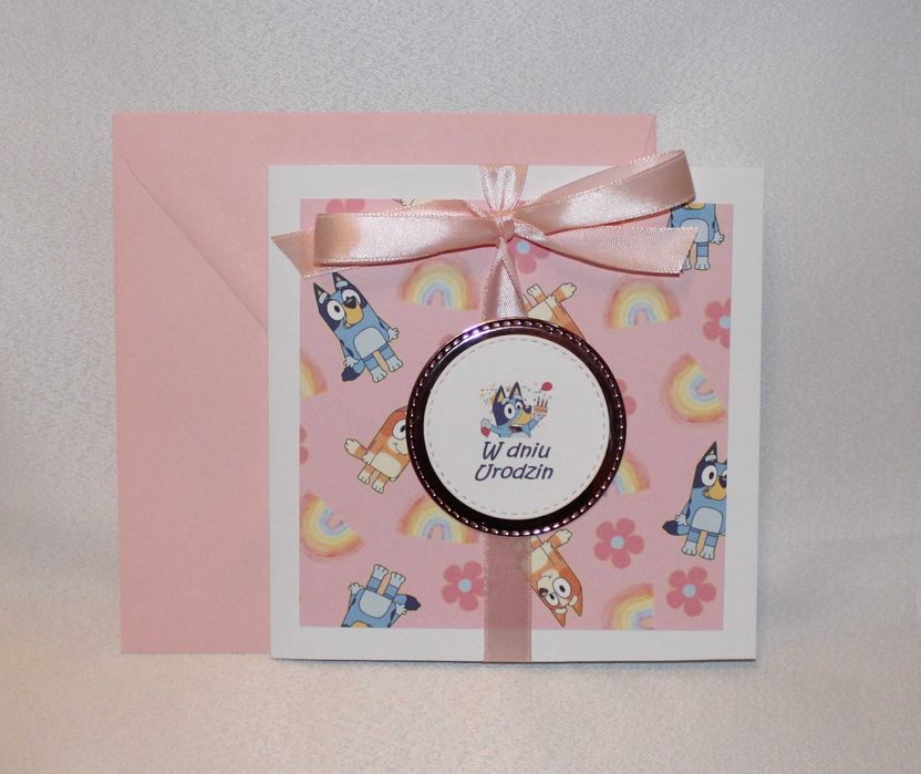 Kartka papierowa dla dzieci pieski Bluey Blu i Bingo urodziny różowa