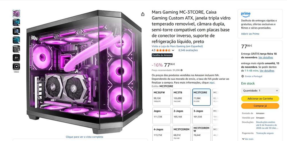 Caixa Gaming Custom ATX - Mars Gaming MC-3TCORE - janela tripla vidro