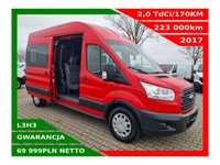 Ford Transit L3H3 *69999zł NETTO* Brygadówka 6osób 2,0TdCi/170KM  Duża Navi, Tempomat, Kamera, Czujniki, Klima, Webasto, Hak 2800kg