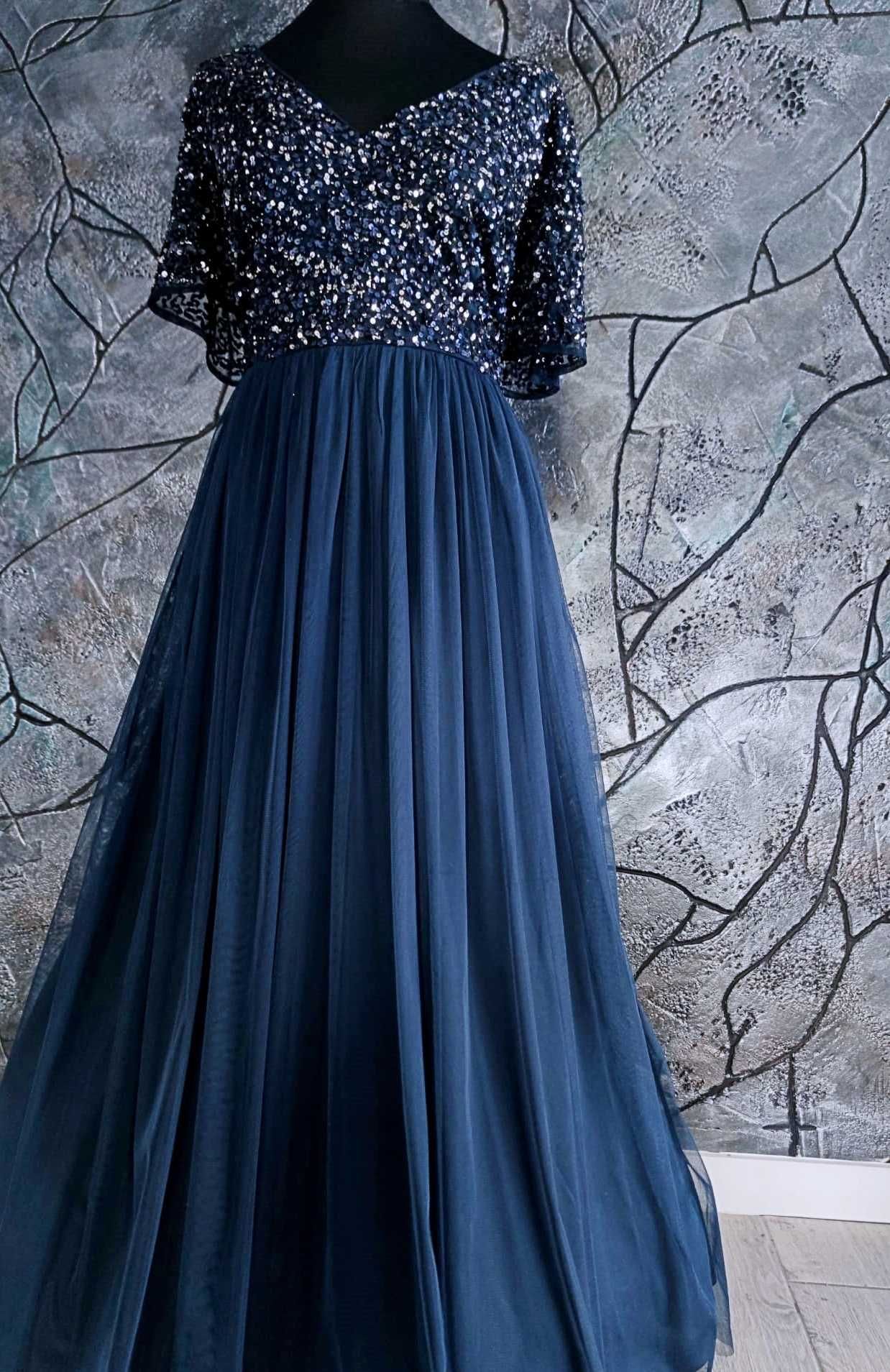 balowa suknia wieczorowa wizytowa cekinowa rozmiar xl 42 tiulowa długa