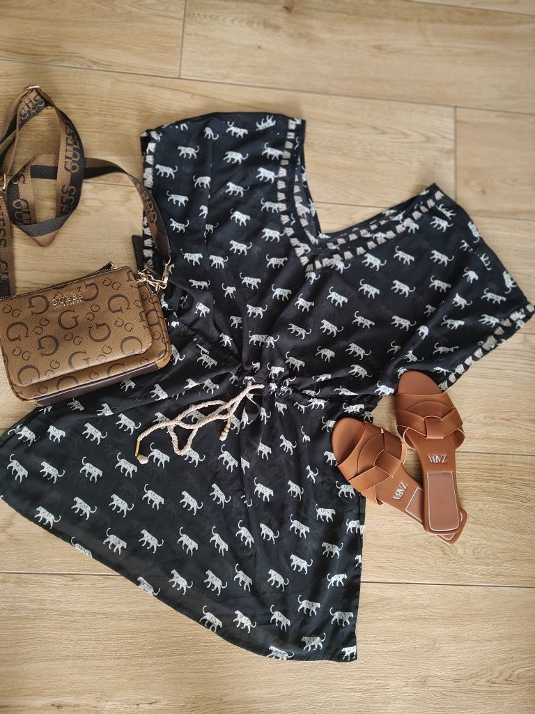 Narzutka na plażę, pareo, bluzka, wiązana, czarna, Boho, luźna