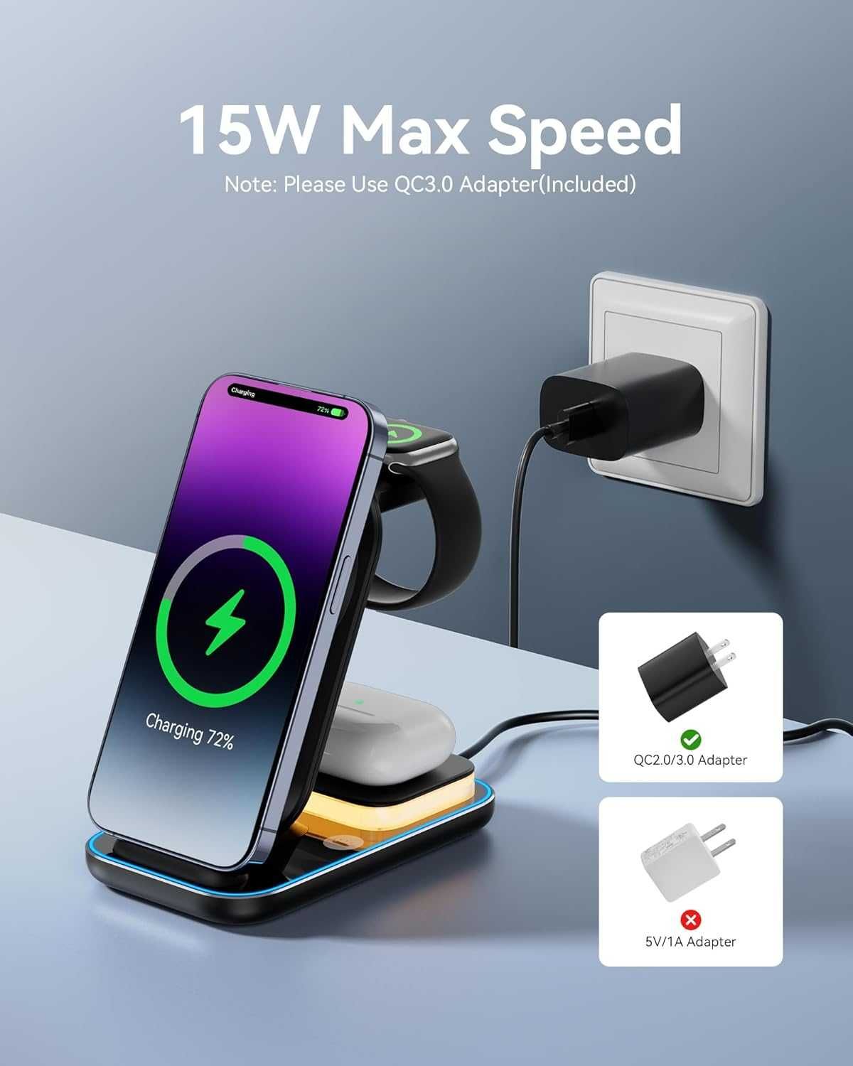 AGPTEK A8 bezprzewodowa ładowarka indukcyjna 4w1 15W lampka Airpods