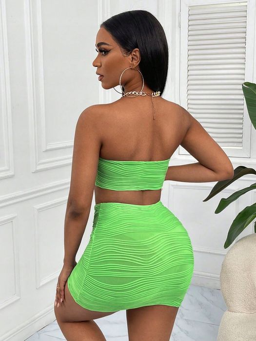 Komplet Sexy Teskturowany Top Crop + Spódniczka Ołówkowa S 36