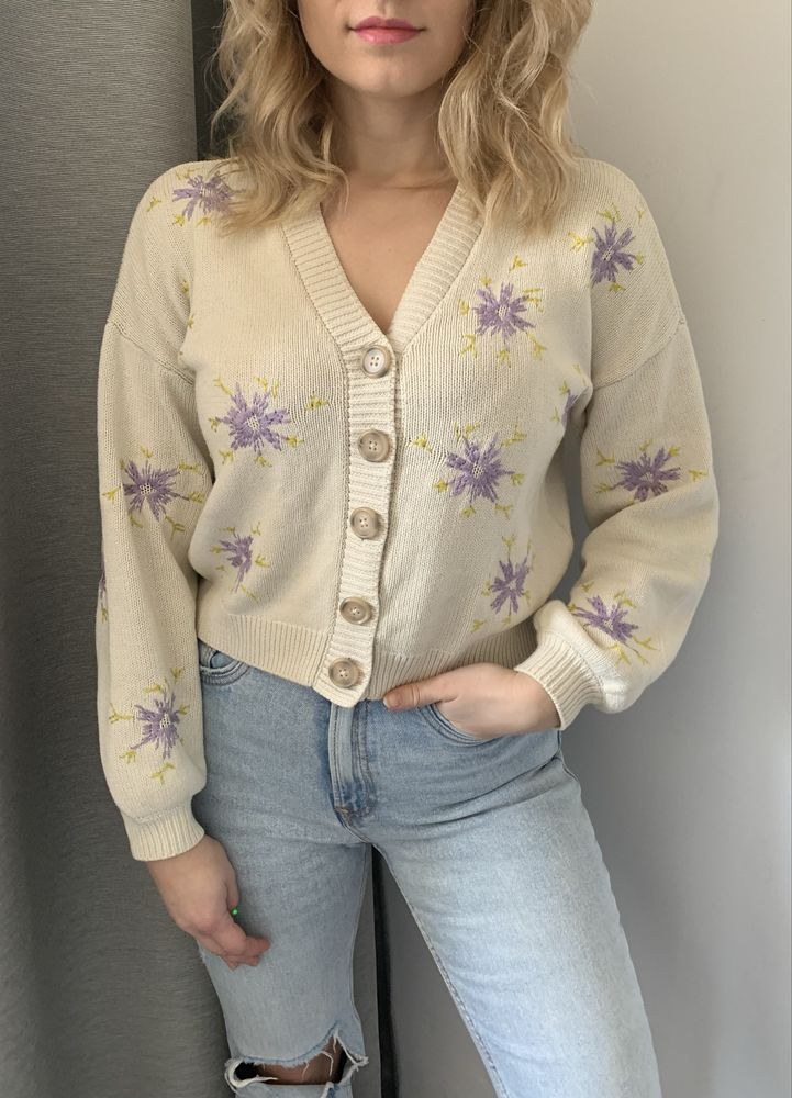 YAS wiosenny sweter kardigan w kwiaty aesthetic oversize cropped S