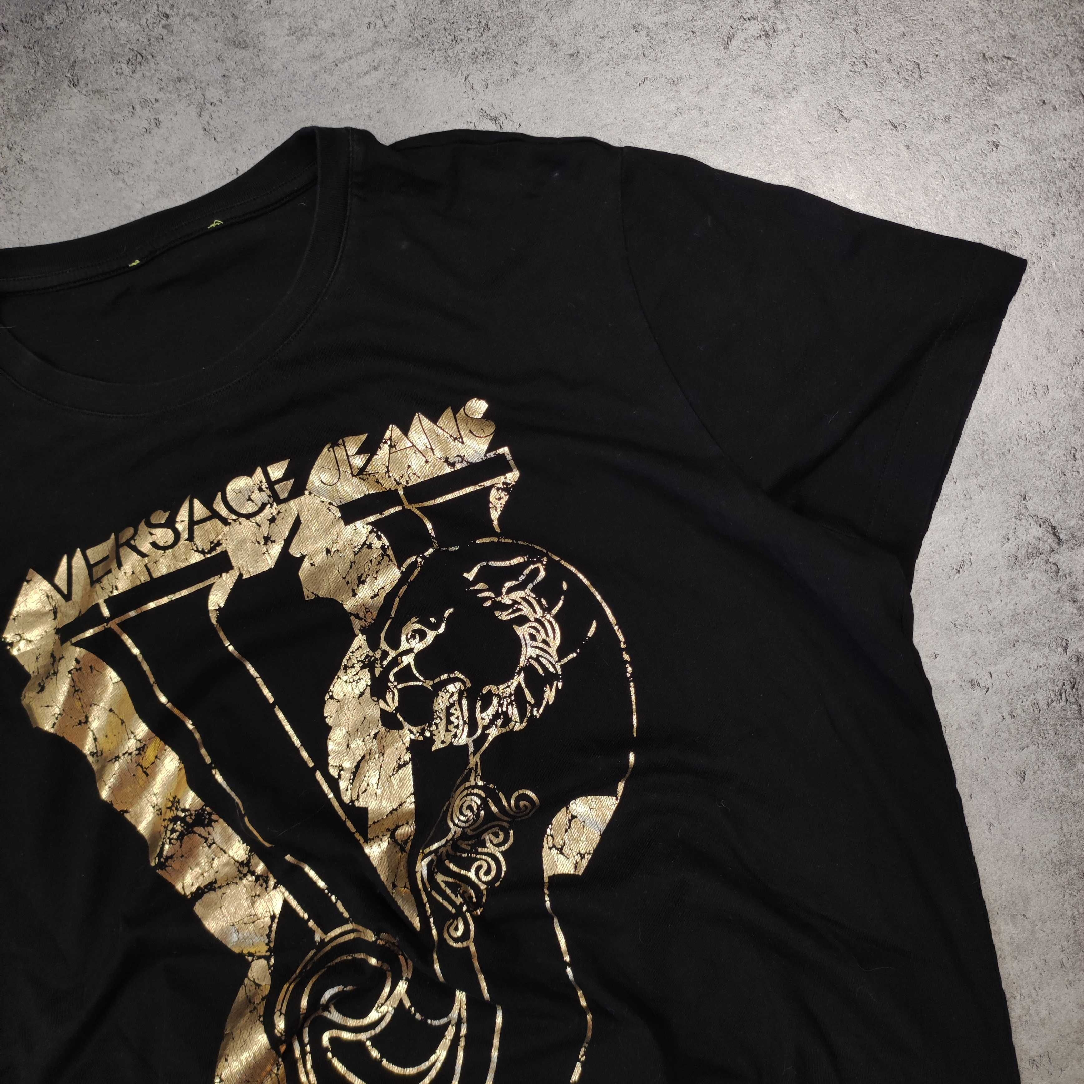 MĘSKA Koszulka Bawełna PREMIUM Versace Jeans Duże Logo Złote Czarna