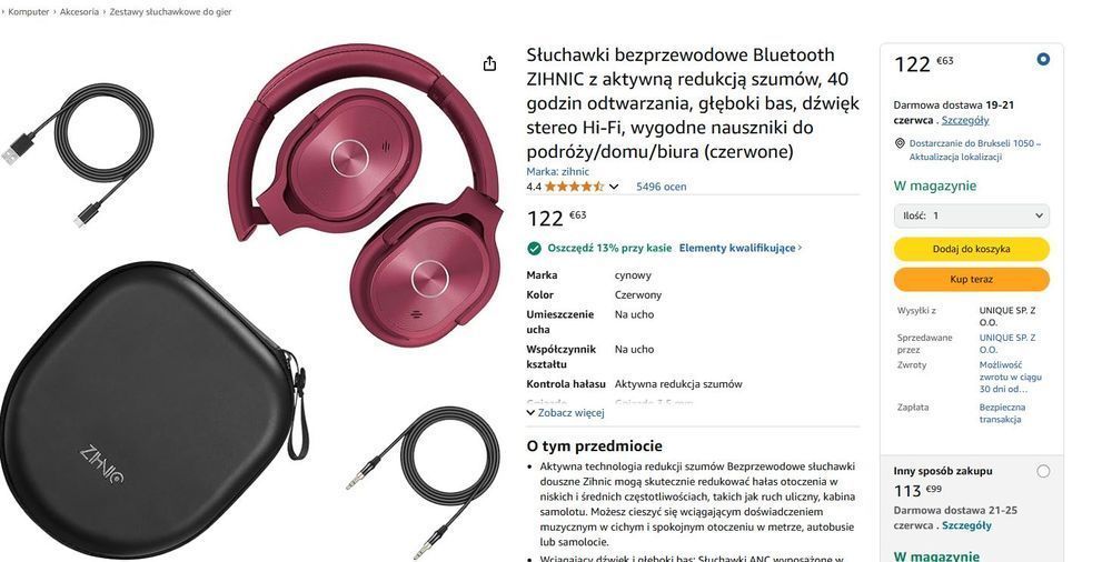 Zihnic Pn9 Słuchawki Bluetooth Anc Hi-Fi 40H Mikrofon Czerwone