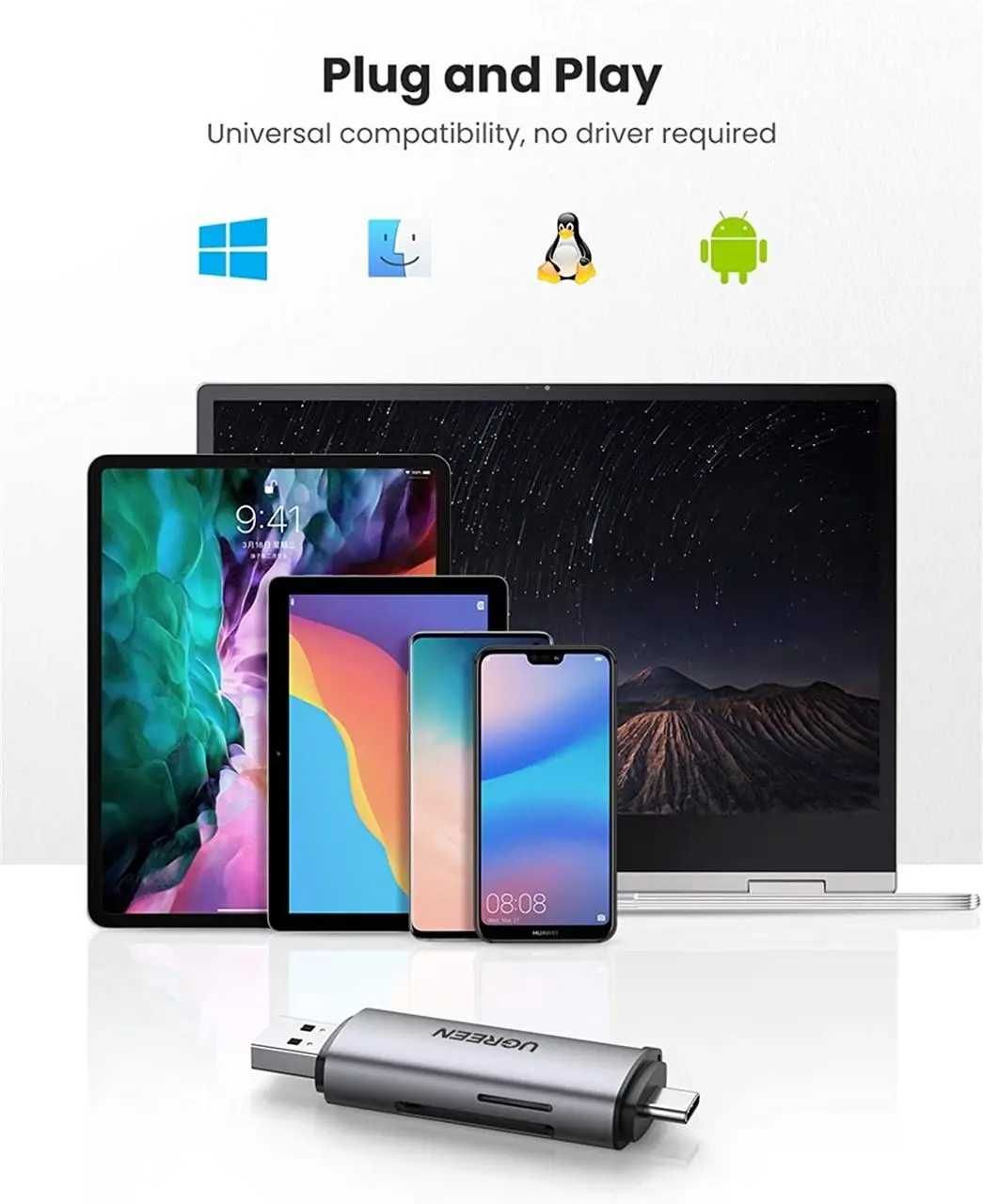 Кардрiдер UGREEN CM185 USB-C/USB-A Card Reader (50706)