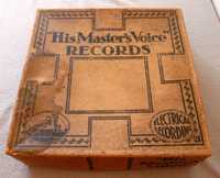 Caixa vinil vintage His Master's Voice + 3 capas discos antigas