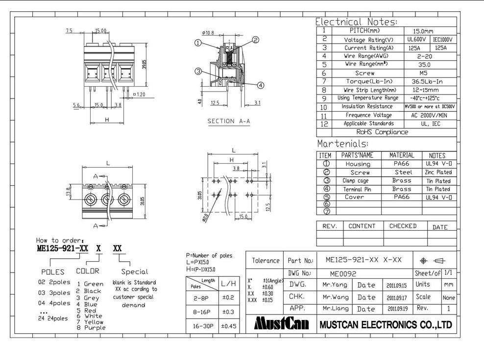 Клемник силовой, 125A, 1000V, шаг 15 мм