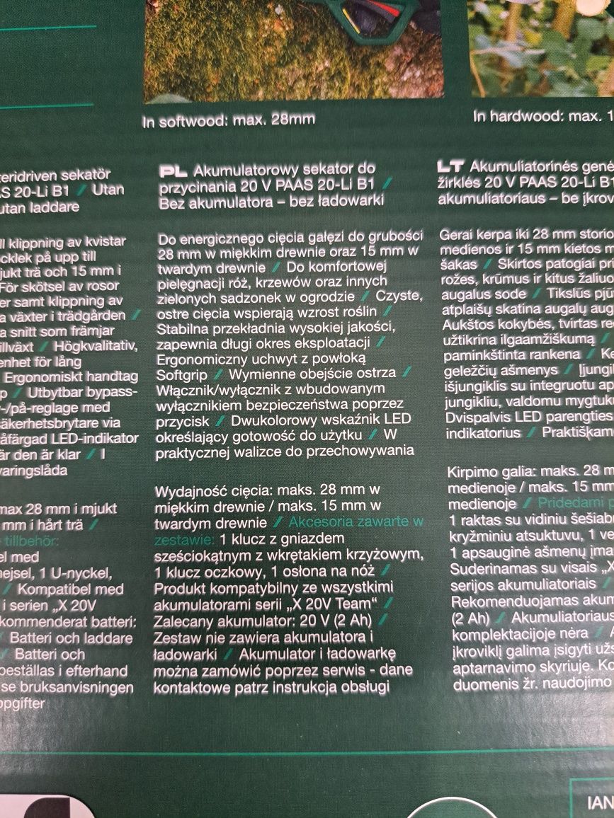Parkside Akumulatorowe Nożyce do gałęzi Sekator 20 V PAAS 20-Li B1