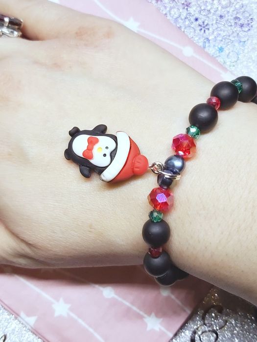 Bransoletka handmade pingwinek święta prezent onyks kryształ perły