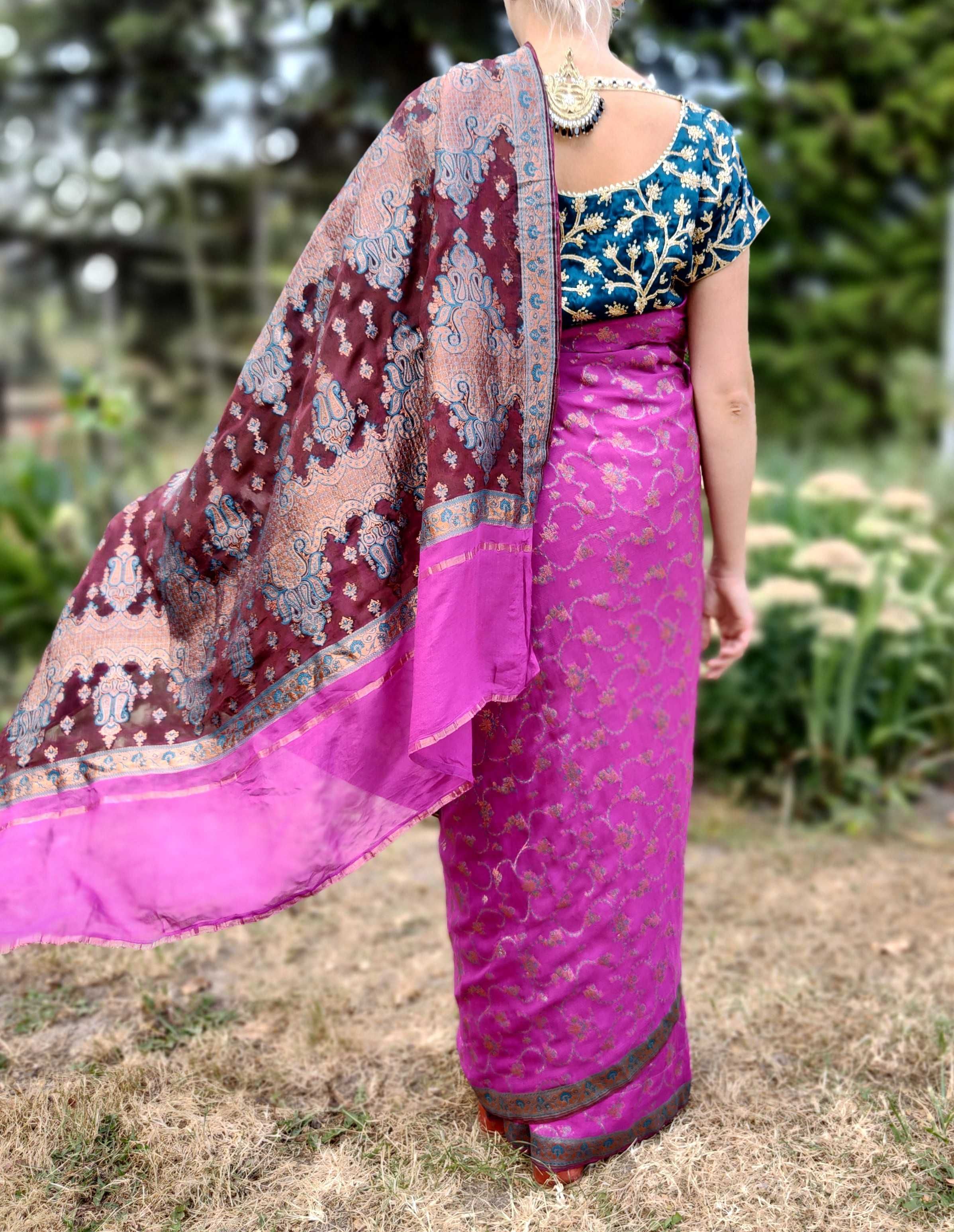 Piękne sari banarasi saree Indie Bollywood Orient różowe szyfon suknia
