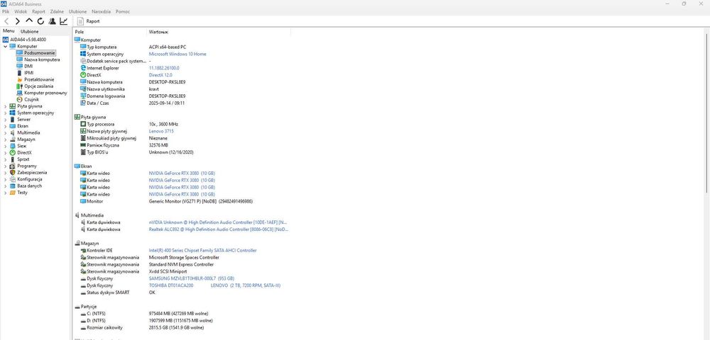 Lenovo Legion T7 – i9-10850K/32GB RAM/RTX 3080 10GB/SSD 1TB + HDD 2TB