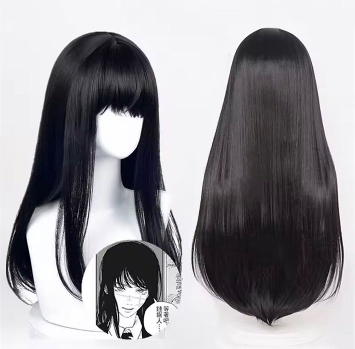 Nowa peruka czarna długa prosta z grzywką modna