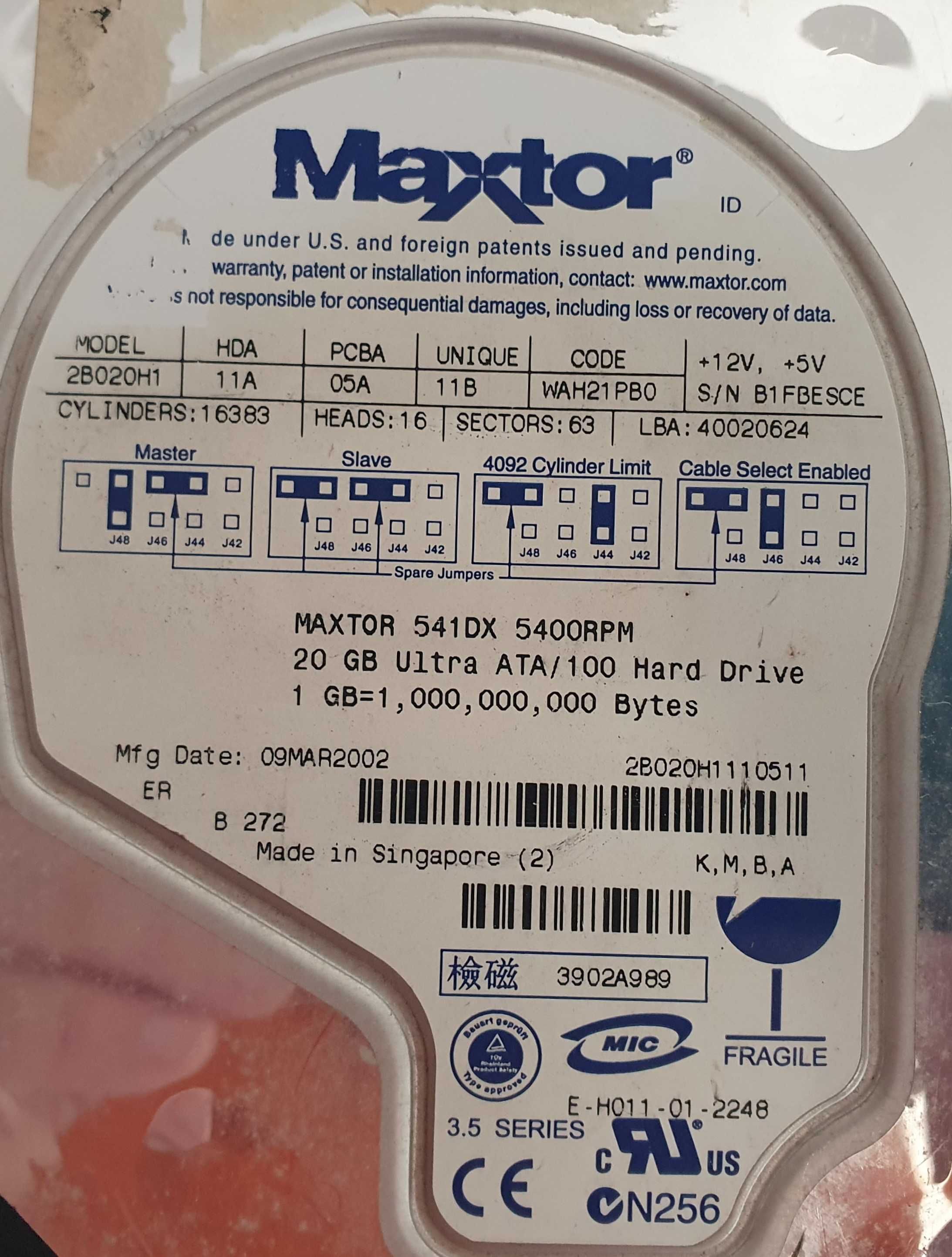 Disco rígido interno vintage, Maxtor 2B020H1 / 541DX Fireball - 20Gb