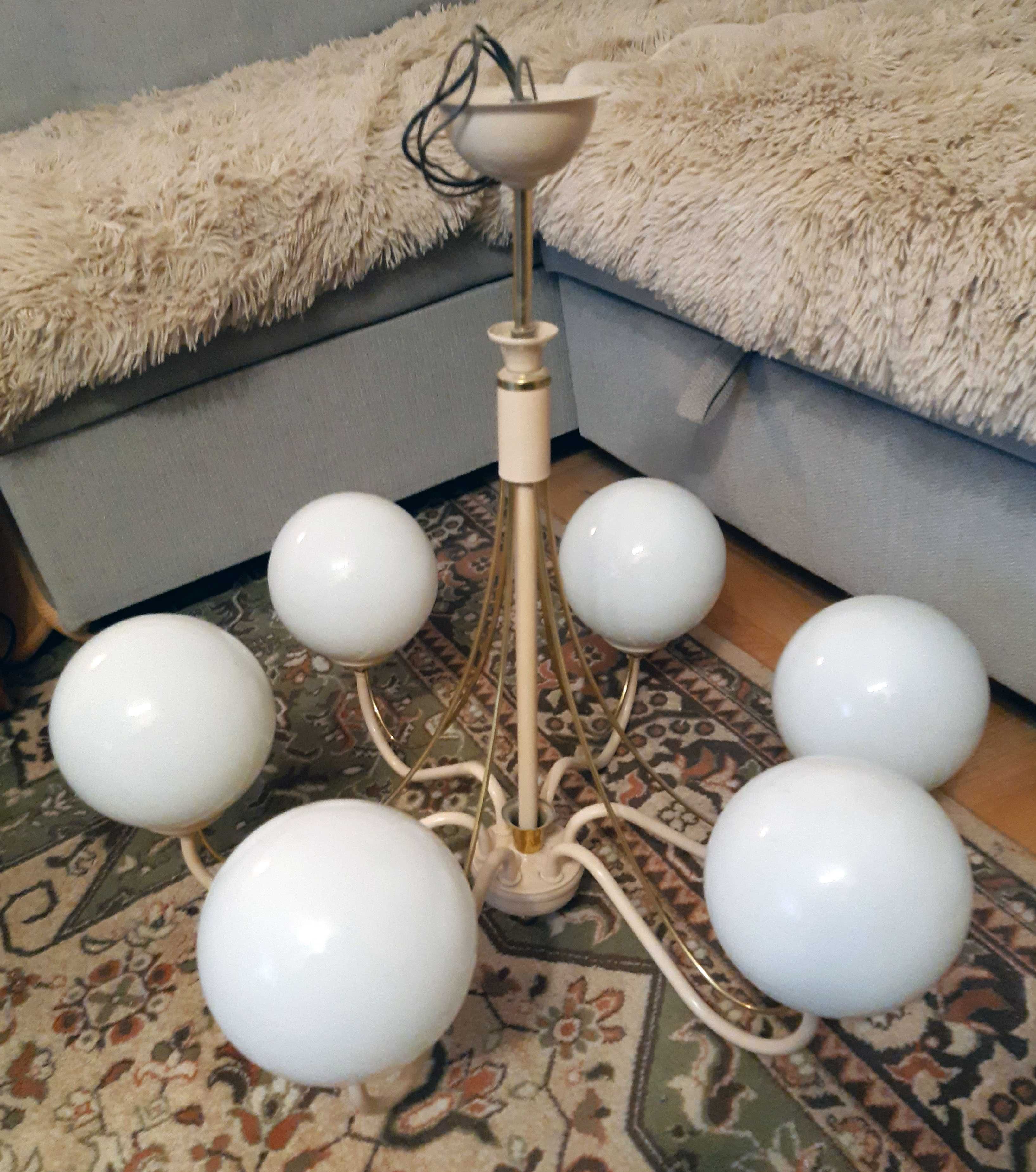 Vintage Lampa wisząca, żyrandol, kremowy, kule, bańki mleczne 6 szt