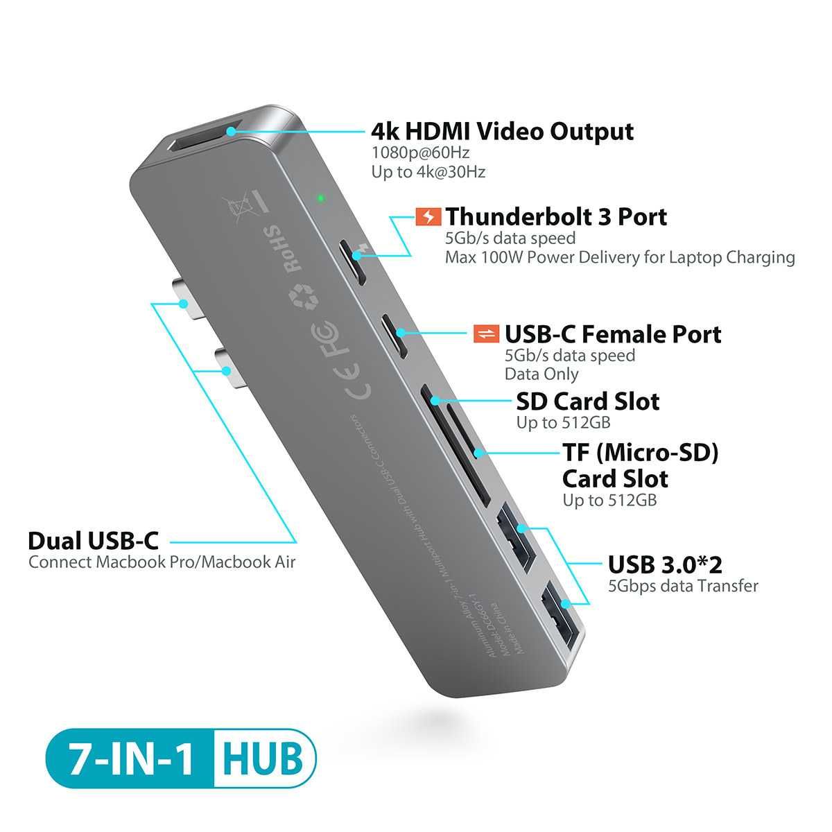 Dodocool DC66GY-1 Hub 7w1 USB-C HDMI 4K SD 100W Macbook