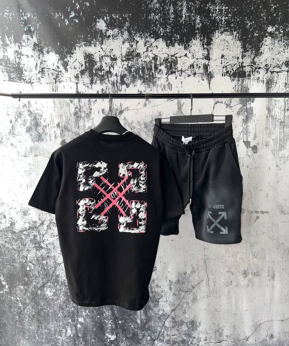 Off-white комлпект летний шорты и футболка черный белый мужской