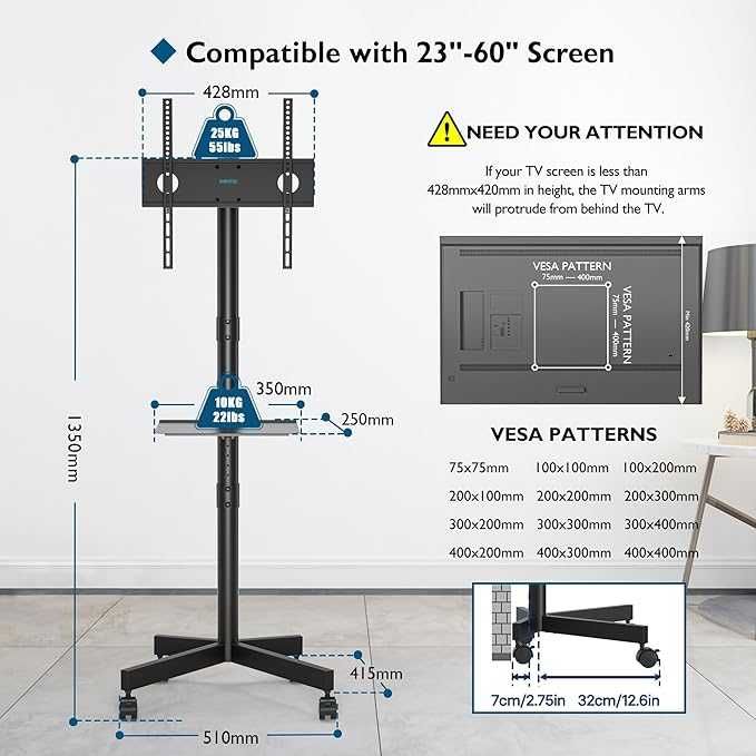 BONTEC Mobilny Stojak TV na Kółkach do Tv/LCD/LED 23-60 cal z półką