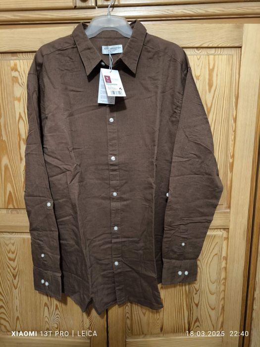 Koszula lniano 58% - bawełniana 42%, brązowa, nowa