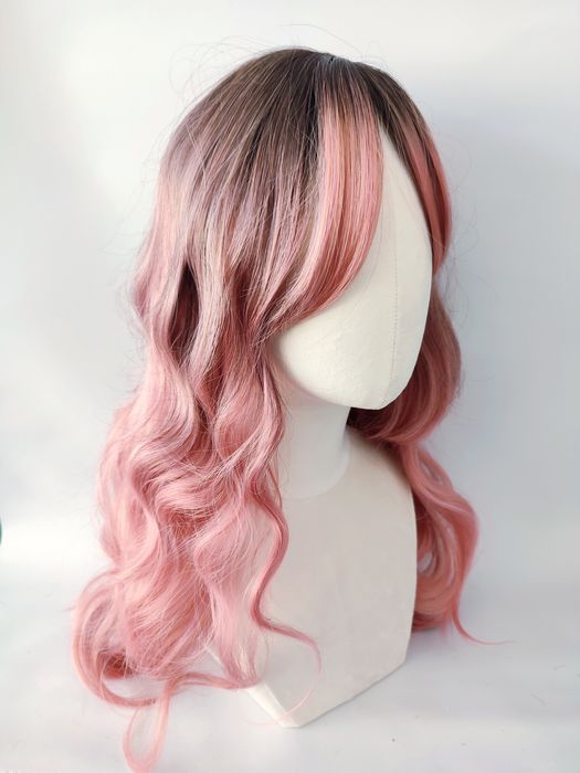 Peruka premium różowa różowe włosy ombre 66 cm fale loki