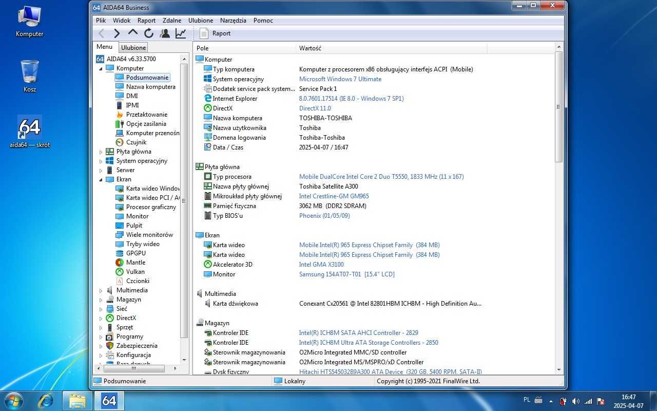 Toshiba a300-149 Core2Duo  1833MHz.Ram4Gb,Hdd\320GB,Gwarancja