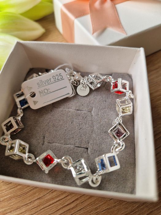 Bransoletka 925 srebrna posrebrzana kolorowe kostki nowa na prezent