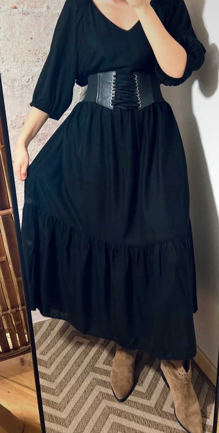 H&M czarna długa luźna sukienka oversize falbaniasta bufki M/38