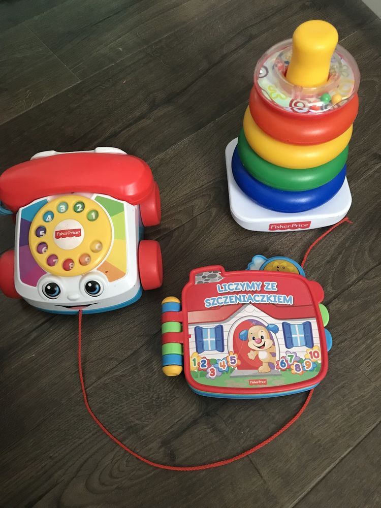 Zestaw zabawki Fisher Price piramida, telefon, książka interaktywna