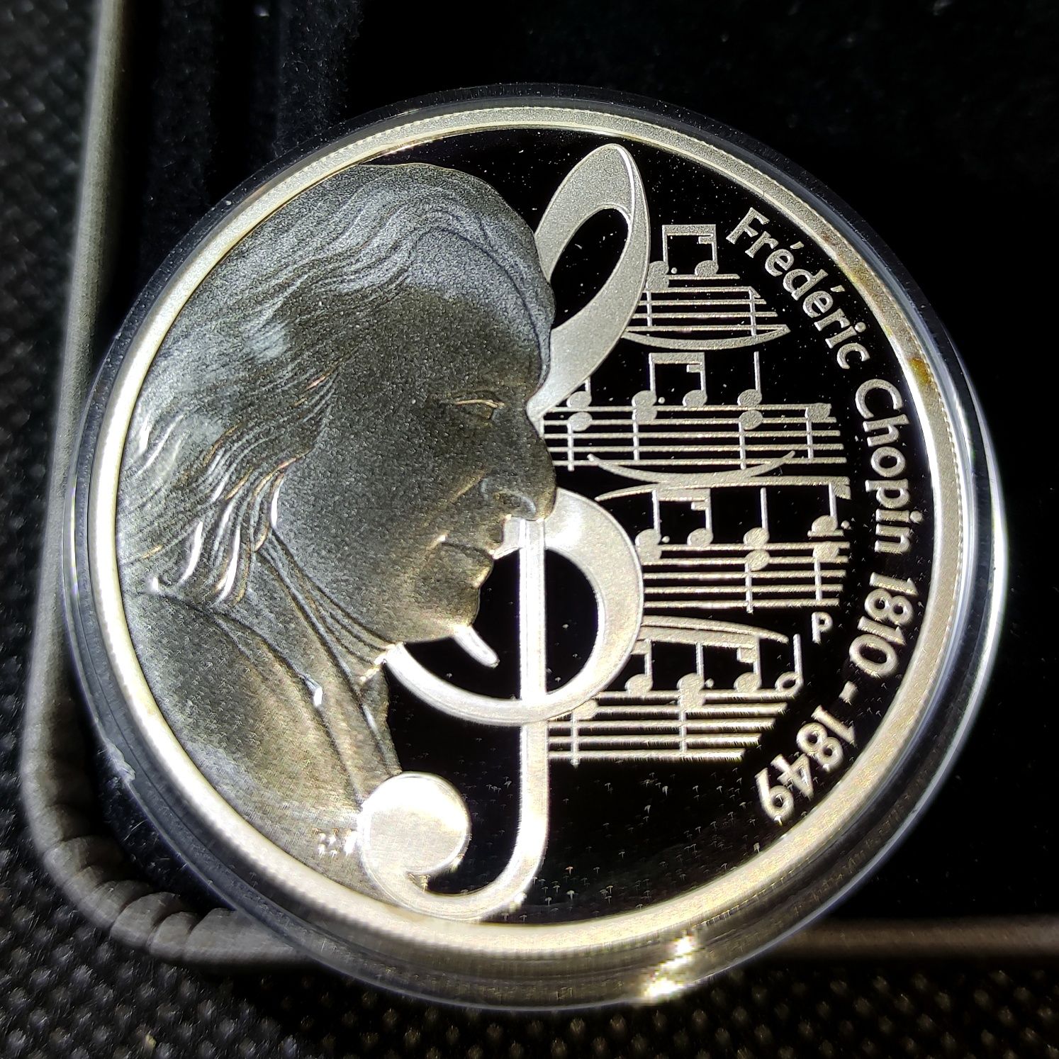 Серебряная монета Фредерик Шопен 1 доллар 2010 Тувалу 31,1 грамм 999