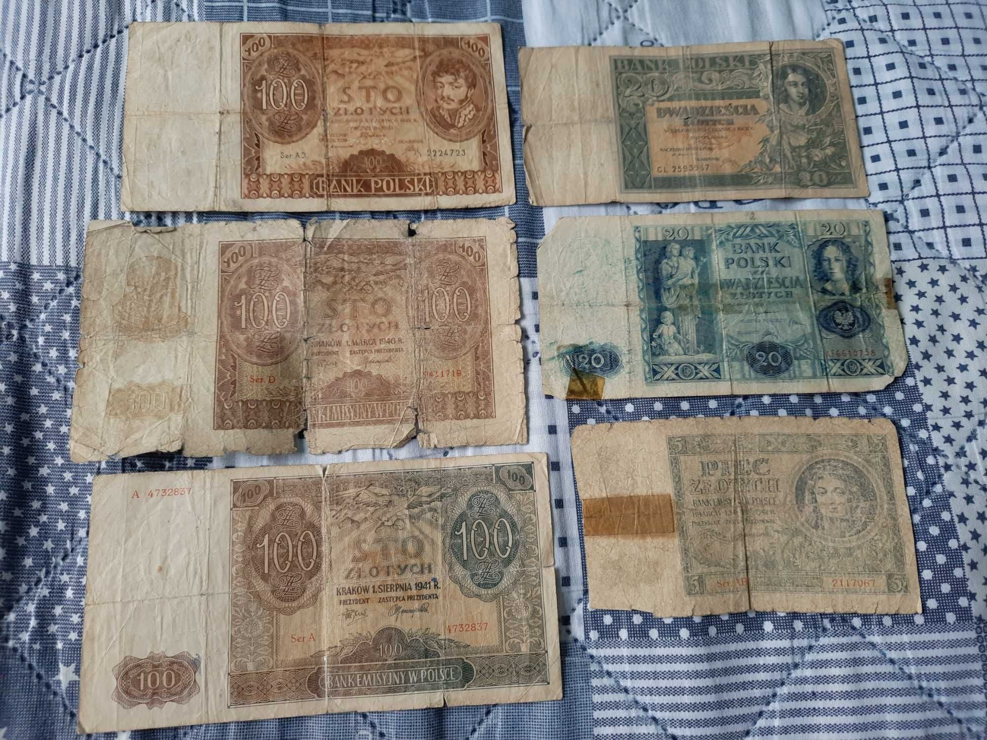 stare polskie banknoty okupacja niemiecka PRL 5,20,100 zł 1931,1936 r