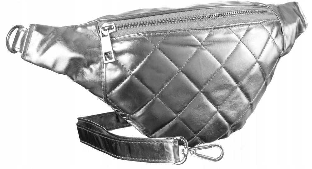 Saszetka nerka biodrowa pikowana regulowanym paskiem biodrówka srebrna