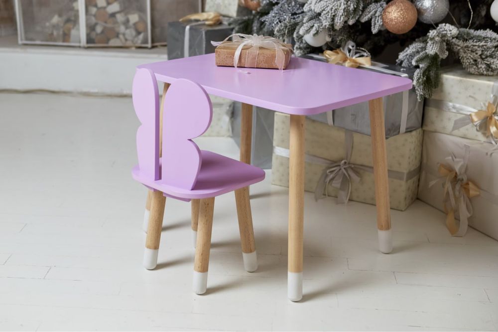 Дитячий фіолетовий прямокутний столик і стільчик метелик