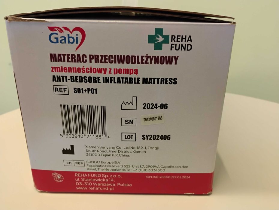 Materac przeciwodleżynowy rurowy zmiennociśnieniowy z pompą